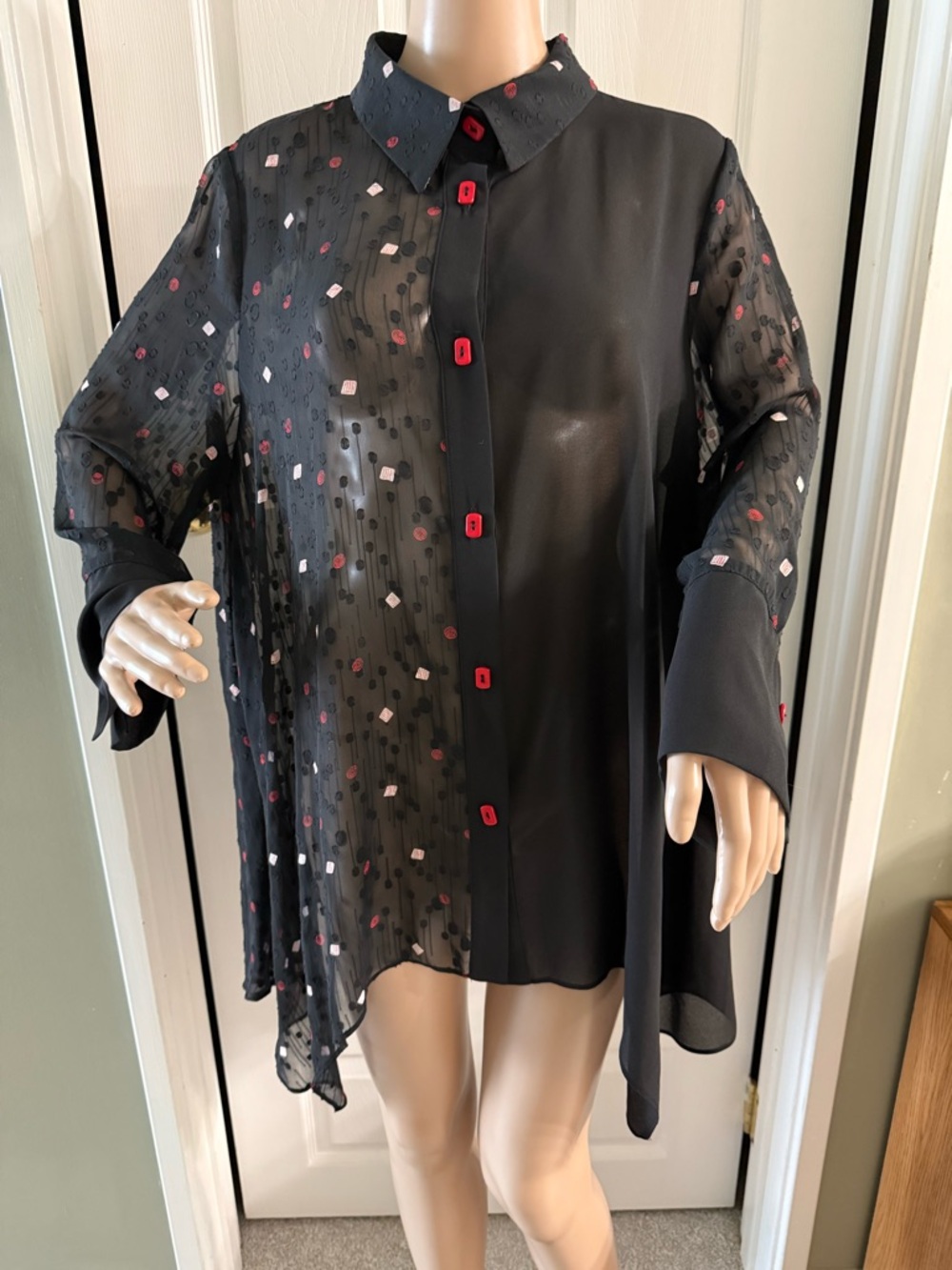 IC by Connie K Black Red Button Tunic Top Semi Sheer Art To Wear Size XL